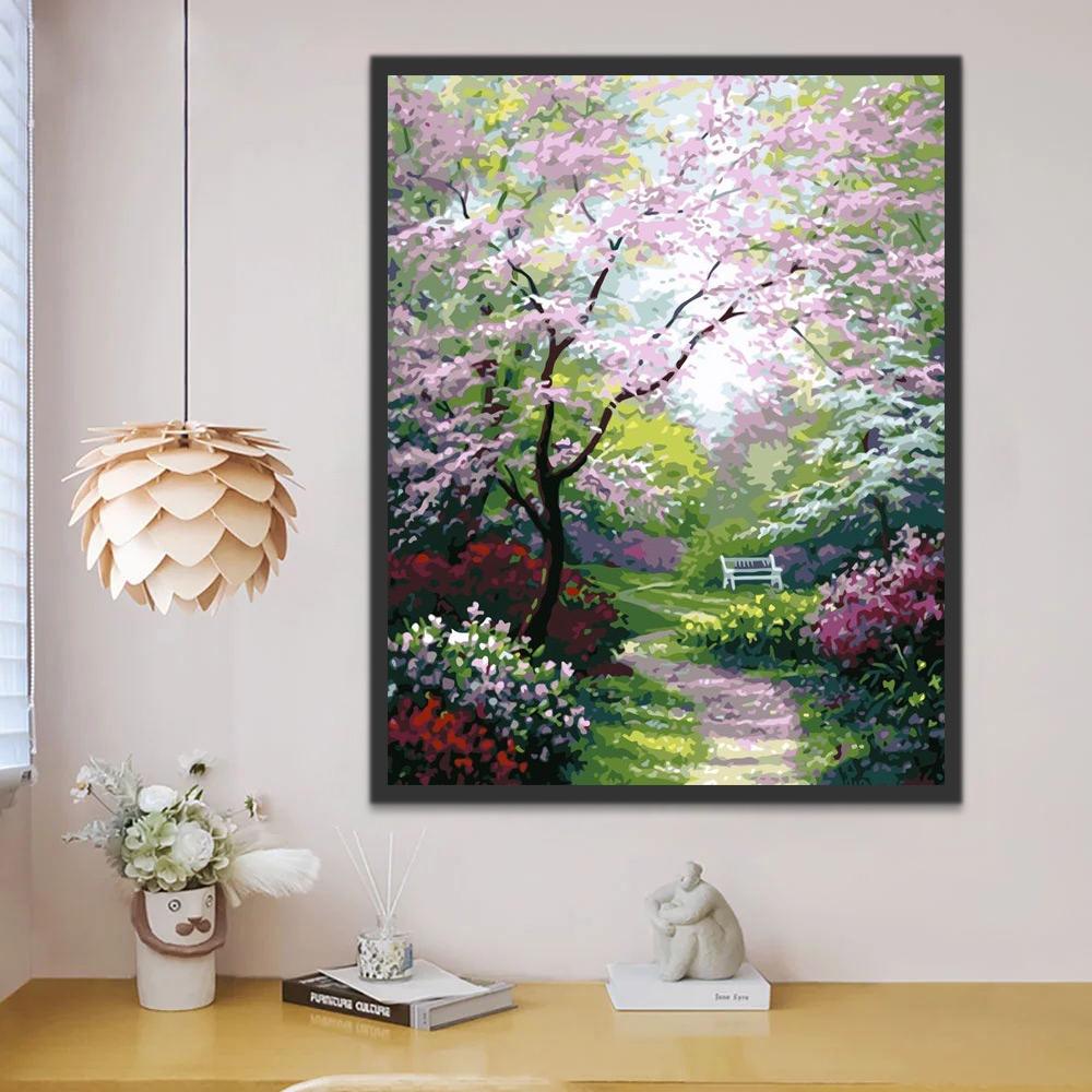 Sendero Hermoso entre Flores y Árbol Floral Pintar por Números