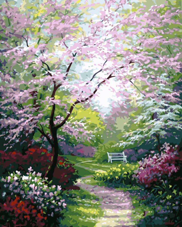 Sendero Hermoso entre Flores y Árbol Floral Pintar por Números