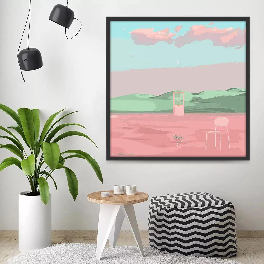 Silla y Puerta y Montañas en el Desierto Rosado Pintar por Números Niños