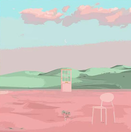 Silla y Puerta y Montañas en el Desierto Rosado Pintar por Números Niños