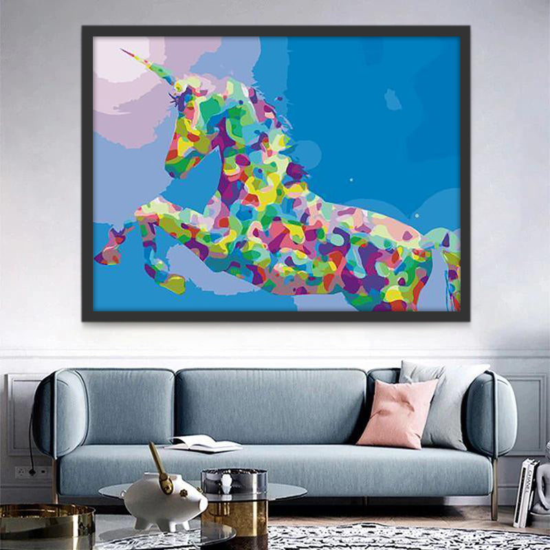 Silueta Colorida de Unicornio en el Fondo Azul Pintar por Números