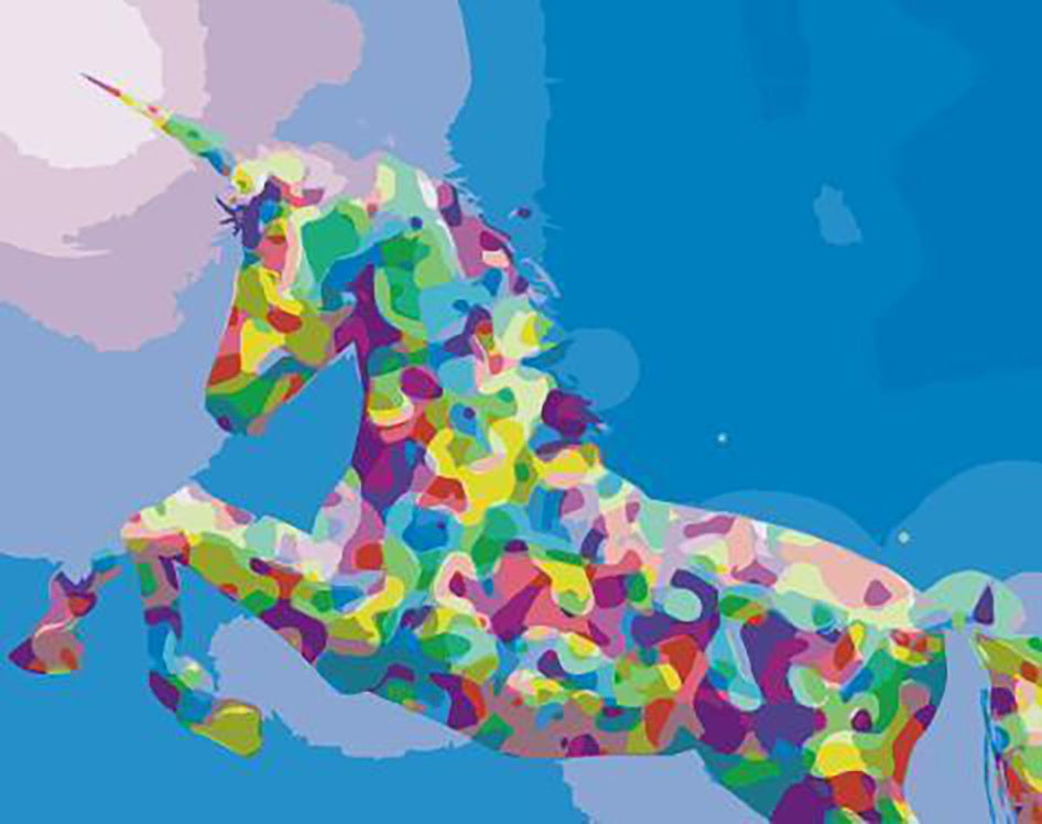 Silueta Colorida de Unicornio en el Fondo Azul Pintar por Números