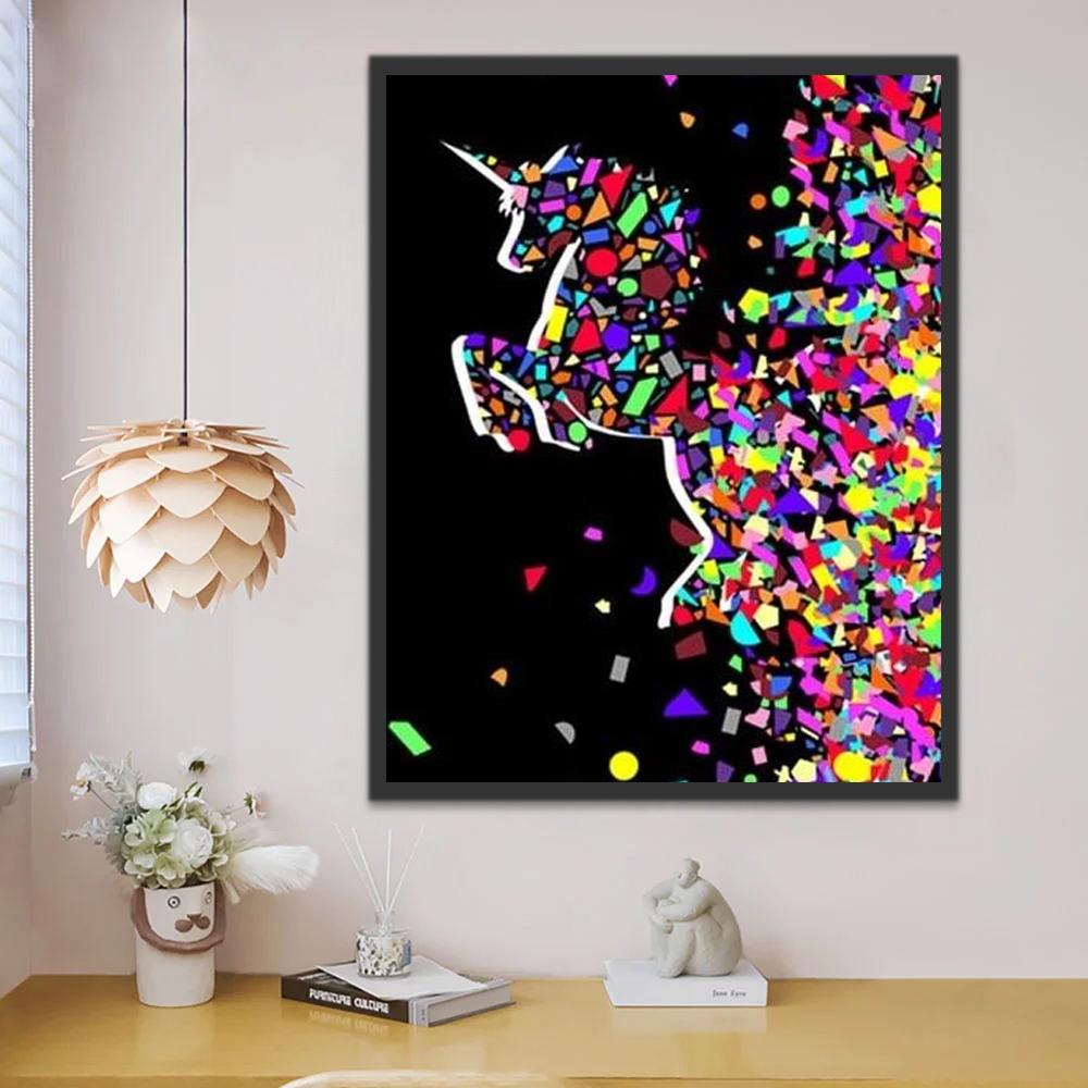 Silueta Colorida de Unicornio en la Oscuridad Pintar por Números Niños