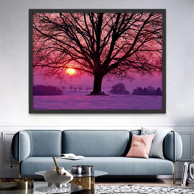 Silueta de Árbol al Atardecer y Cielo Morado Pintar por Números