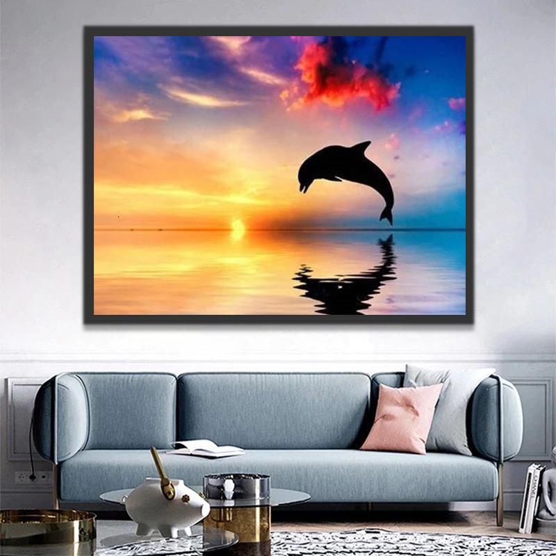 Silueta de Delfín y Puesta del Sol Pintar por Números