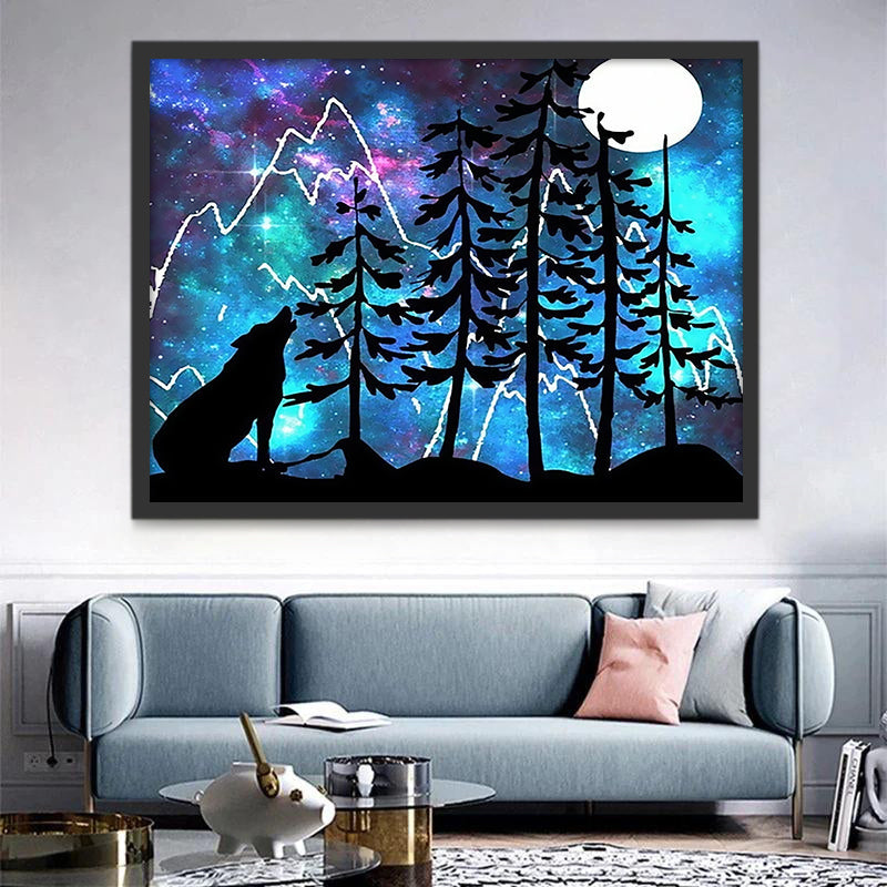 Silueta de Lobo del Grito y Árboles en Noche Estrellada Pintar por Números