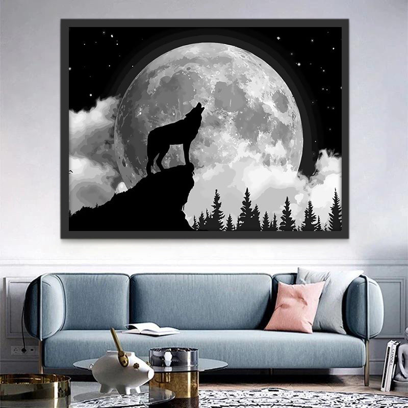 Silueta de Lobo Gritando en la Luna Llena Pintar por Números