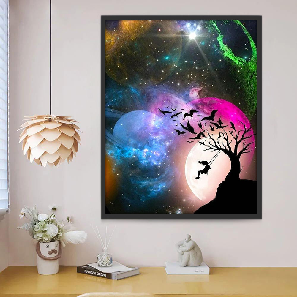 Silueta de Niña y Columpio en el Espacio Pintar por Números