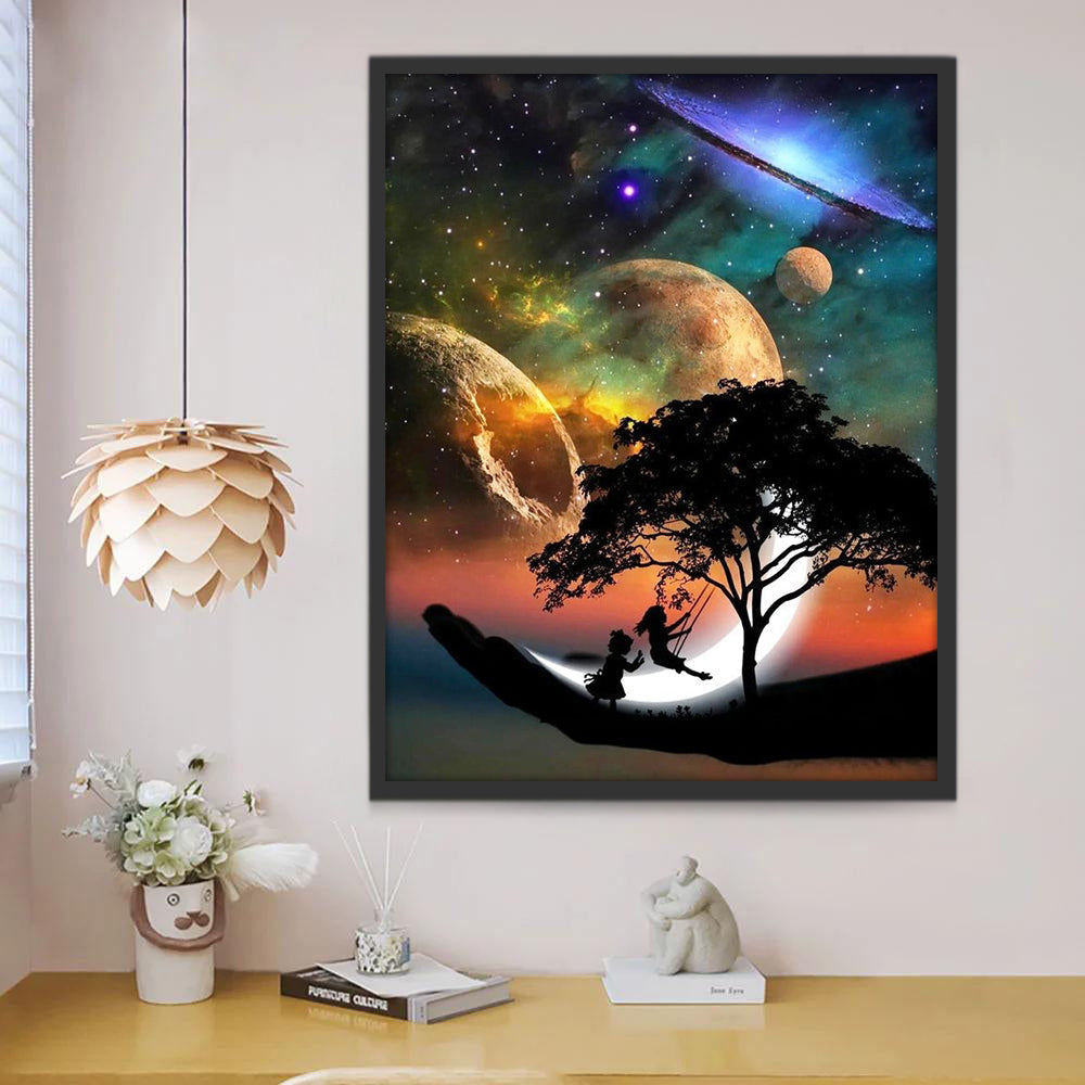 Silueta de Niñas y Columpio en Espacio Pintar por Números