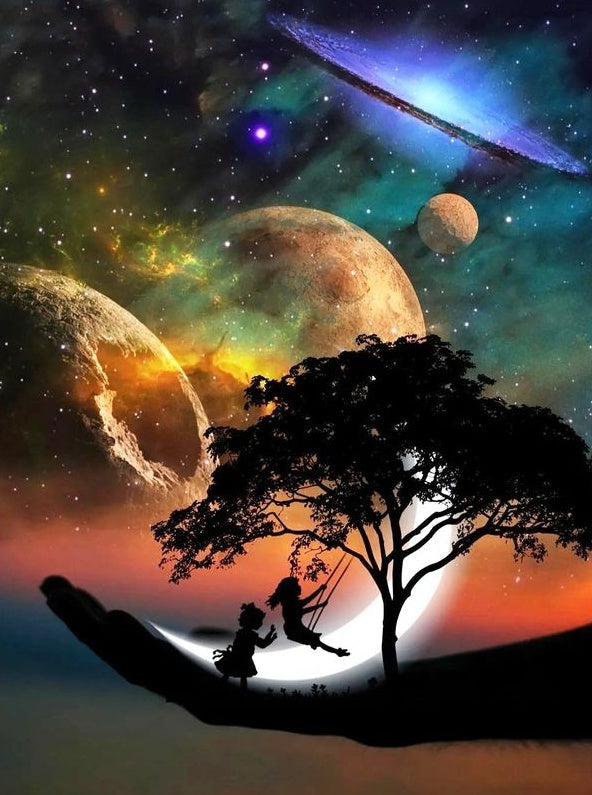 Silueta de Niñas y Columpio en Espacio Pintar por Números