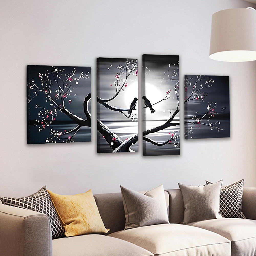 Silueta de Pareja de Pájaros sobre Árbol Floral 4 Partes Pintar por Números