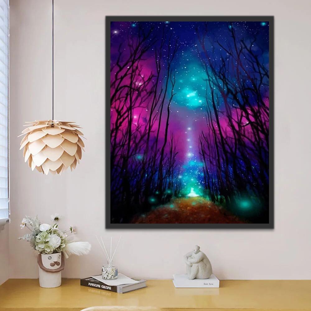 Siluetas de Árboles y Noche Colorida Pintar por Números
