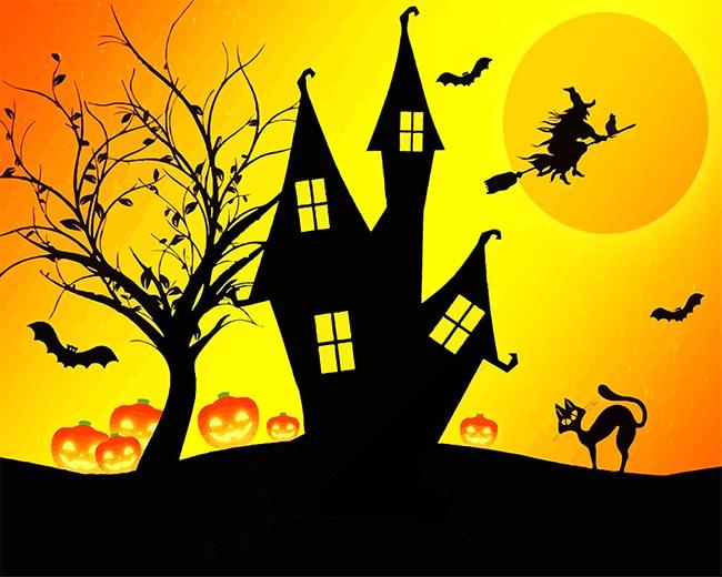 Siluetas de Bruja y Gato y Calabazas Pintar por Números
