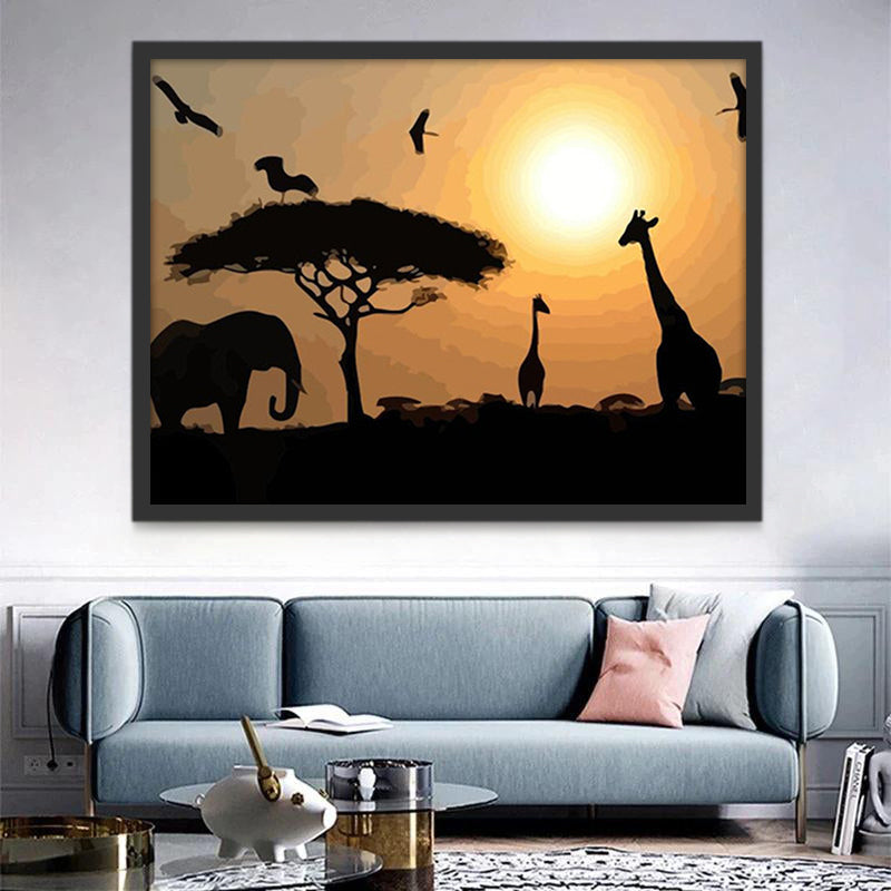 Siluetas de Elefante y Jirafas al Atardecer Pintar por Números