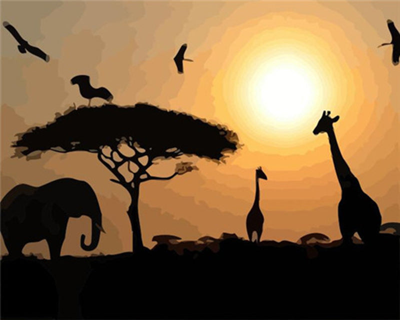 Siluetas de Elefante y Jirafas al Atardecer Pintar por Números