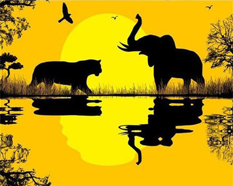Siluetas de Elefante y Leopardo al Lado del Agua Pintar por Números