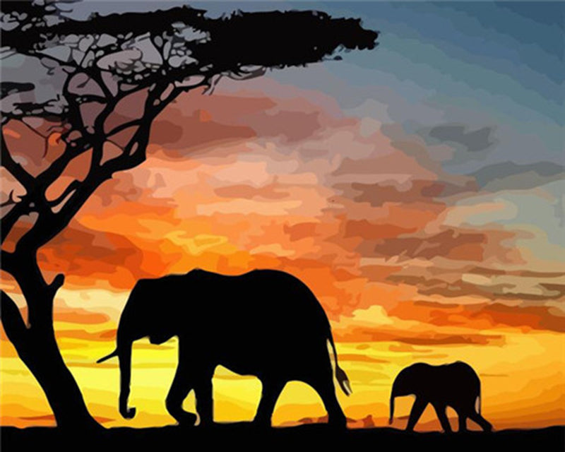 Siluetas de Elefantes y Árbol Pintar por Números