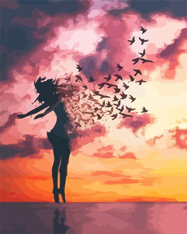 Siluetas de Mujer y Pájaros en el Viento Pintar por Números