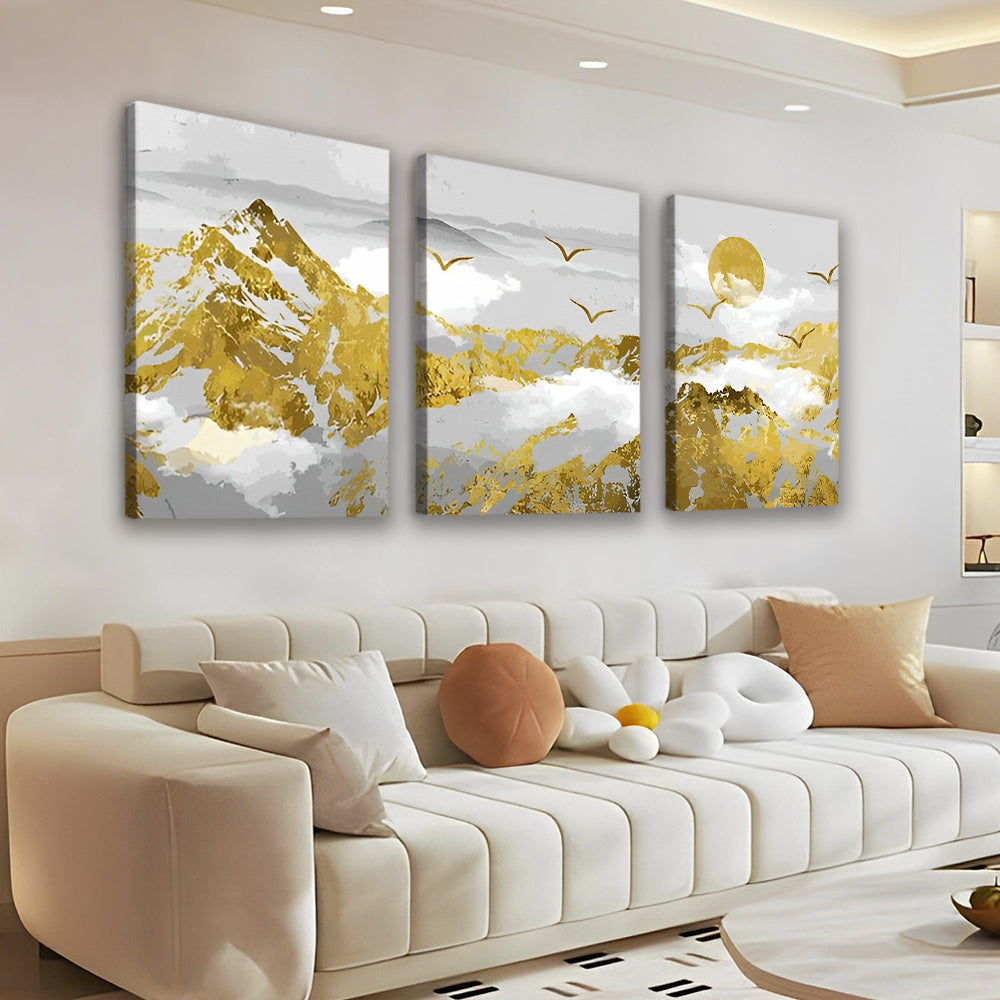 Sol y Montaña Dorada y Nubes Blancas 3 Partes Pintar por Números