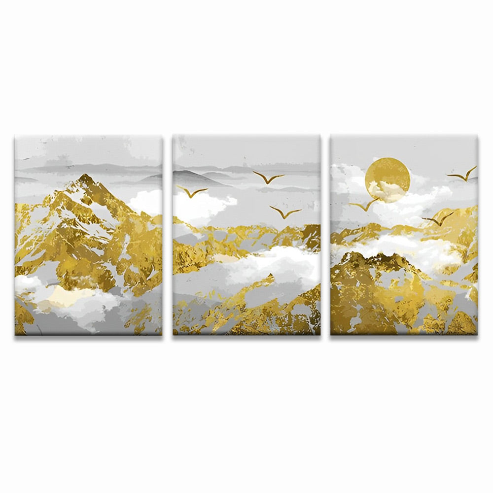 Sol y Montaña Dorada y Nubes Blancas 3 Partes Pintar por Números