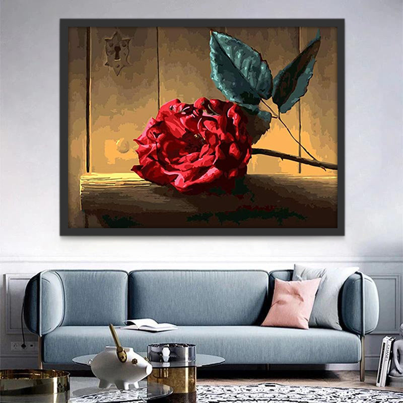 Sola Rosa Roja sobre Fondo de Madera Pintar por Números