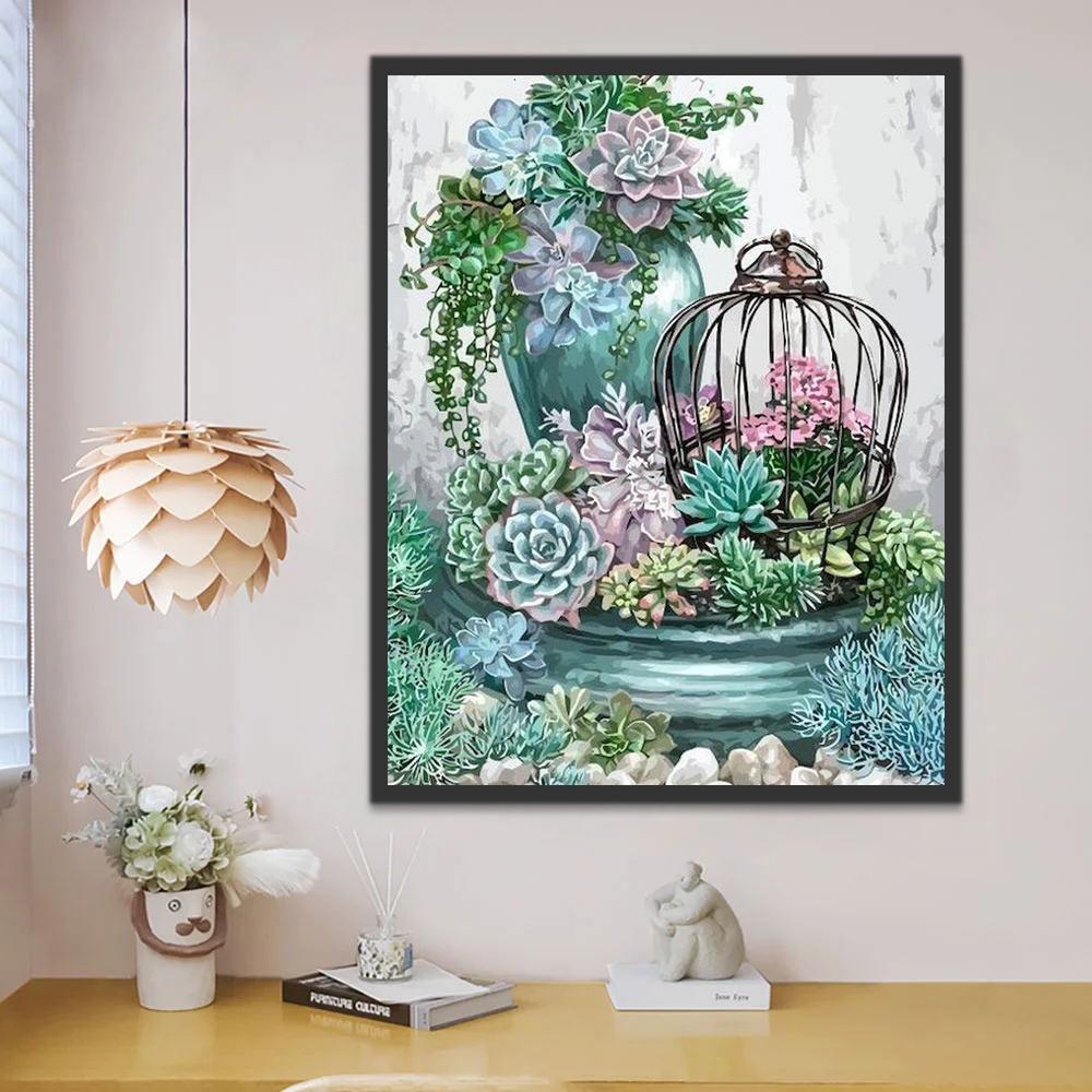 Suculentas de Colores Diversos en Macetas Pintar por Números