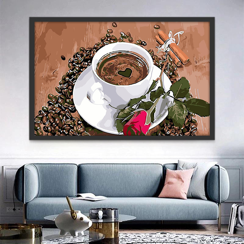 Taza de Café y Granos de Café y una Rosa Roja Pintar por Números