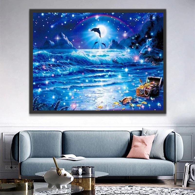 Tesoro con Luz de la Luna y Delfines Saltando de Mar Pintar por Números