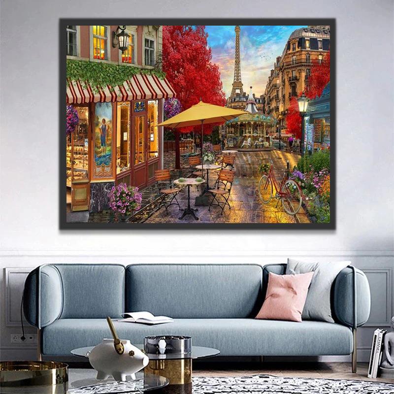Tienda en la Calle de París con Torre Eiffel Pintar por Números