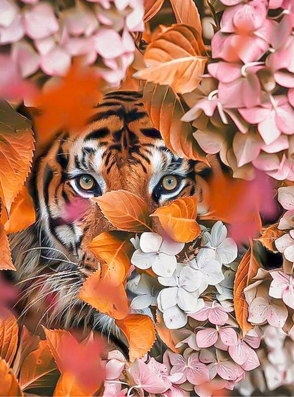 Tigre Detrás de Hortensias Rosadas Pintar por Números