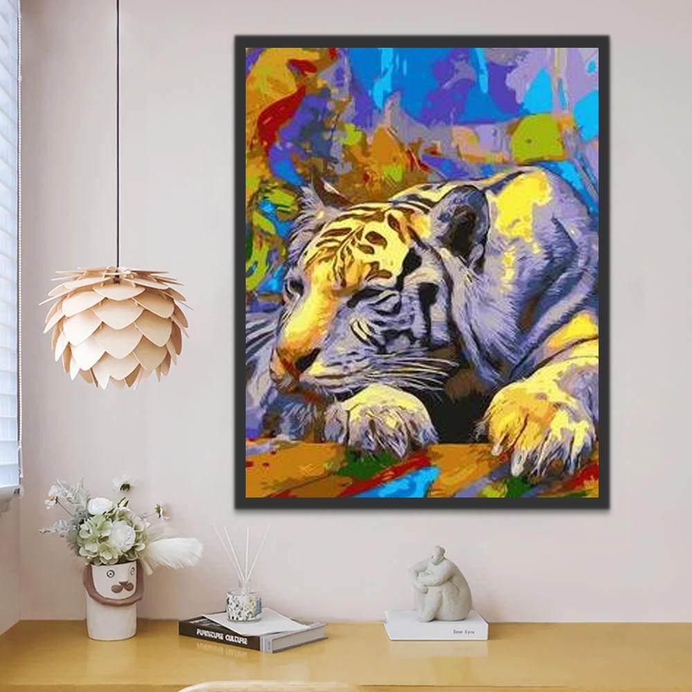 Tigre Dormido y Fondo Colorido Pintar por Números