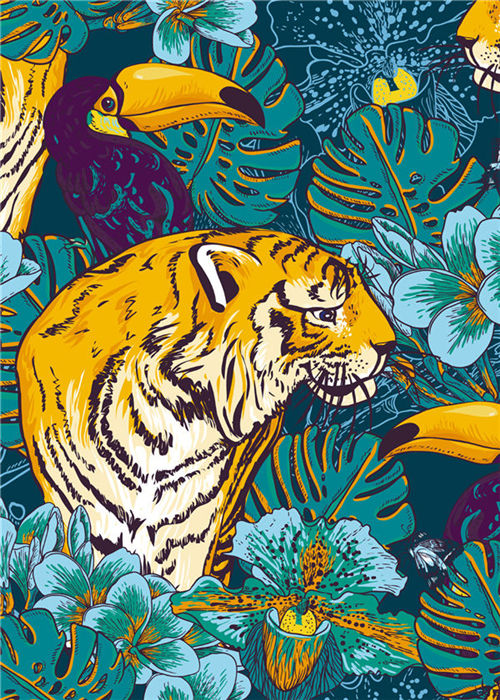 Tigre Rodeado de Plantas Tropicales Pintar por Números