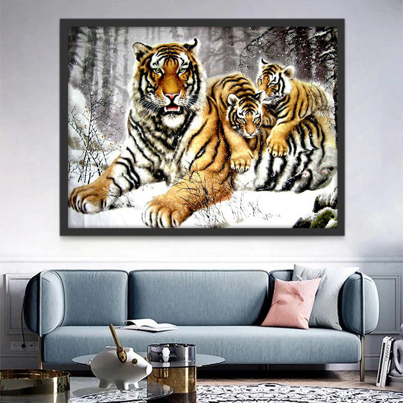 Tigre y Dos Tigritos en Bosque Nevado Pintar por Números