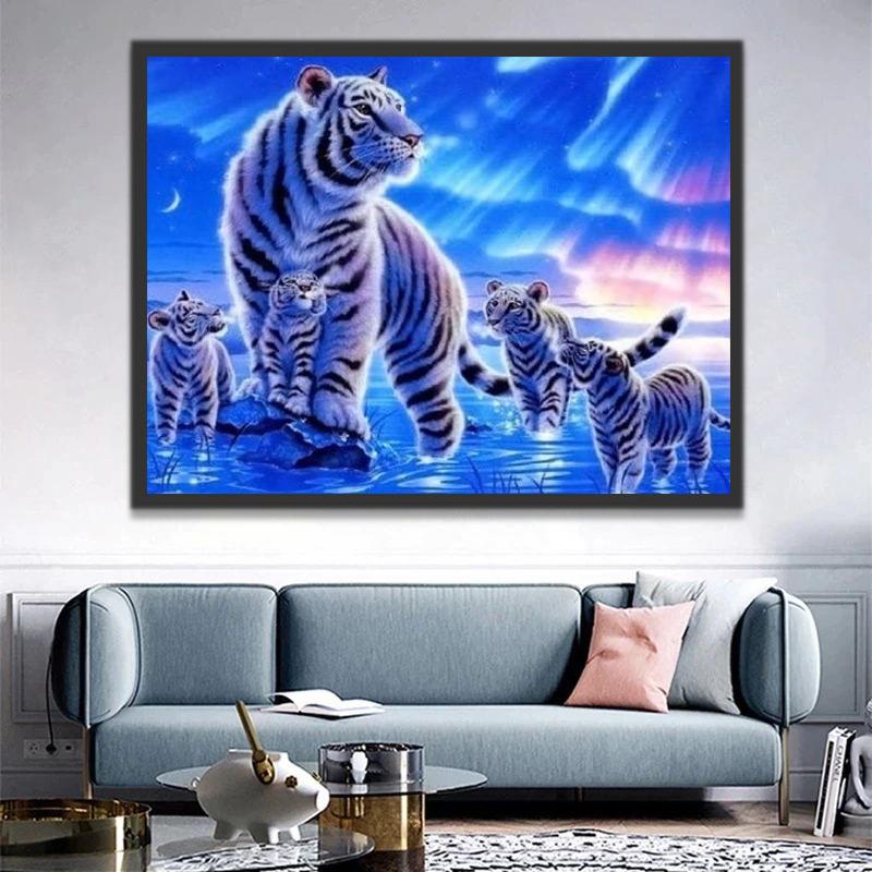 Tigre y Sus Niños Bajo Cielo Estrellado Pintar por Números