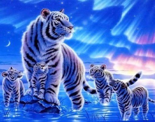 Tigre y Sus Niños Bajo Cielo Estrellado Pintar por Números