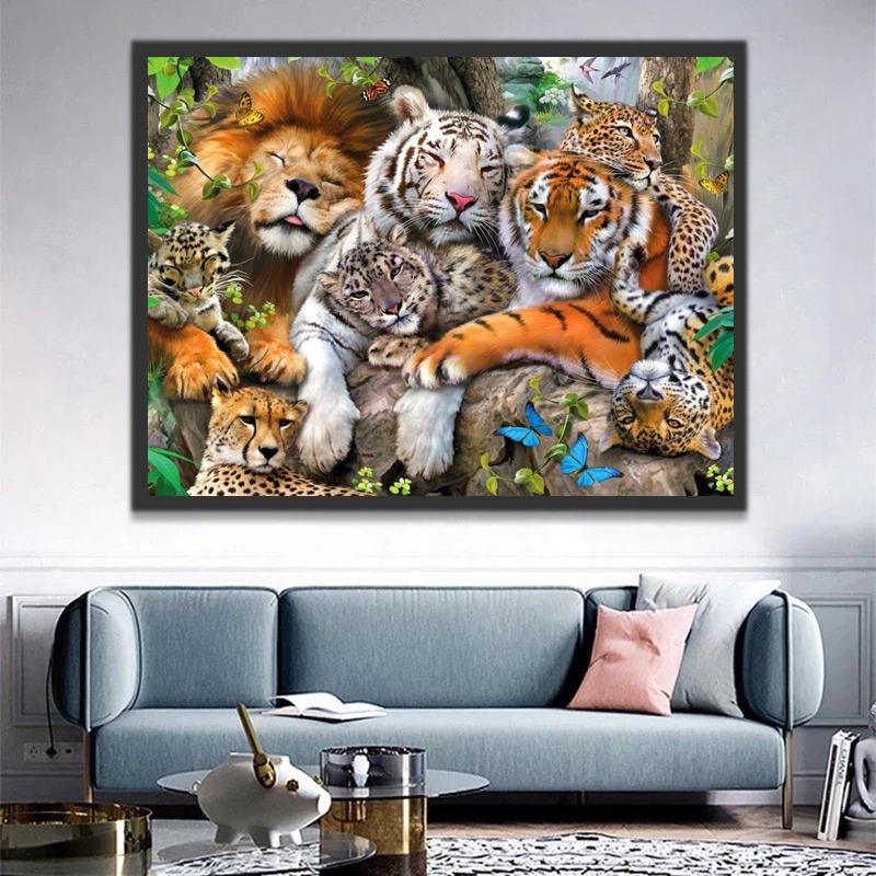 Tigres y Leones y Leopardos sobre Árbol Pintar por Números