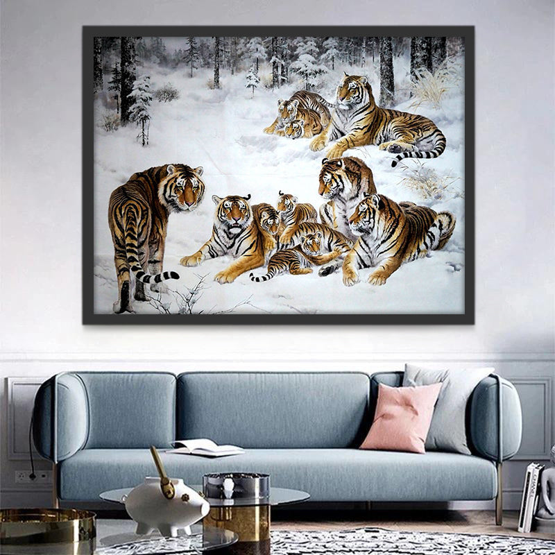 Tigres y Tigritos en Bosque Invernal Pintar por Números