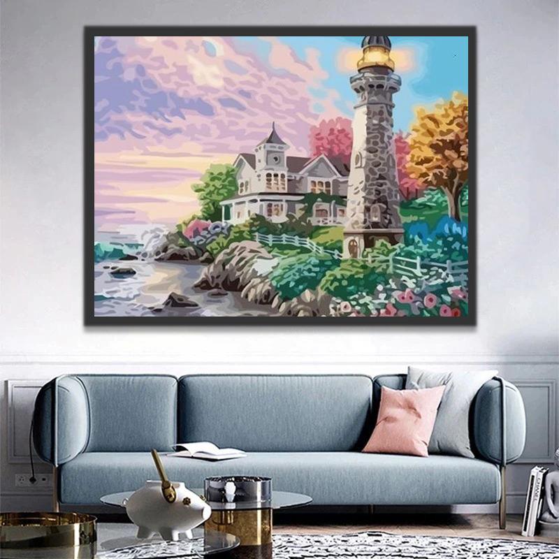 Torre de Faro y Casa al Lado del Mar Pintar por Números