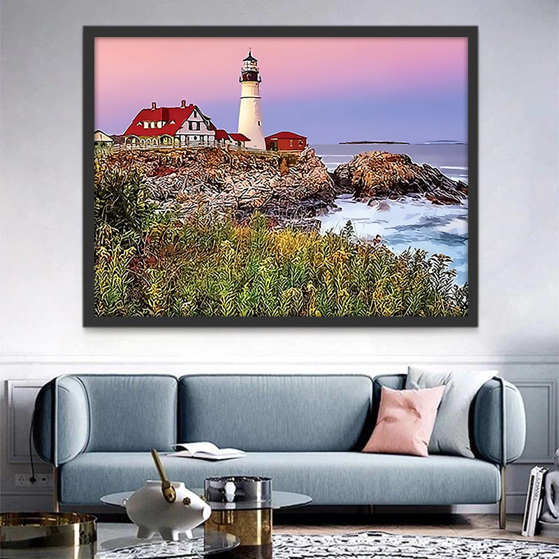 Torre de Faro y Casa con Techo Rojo Pintar por Números