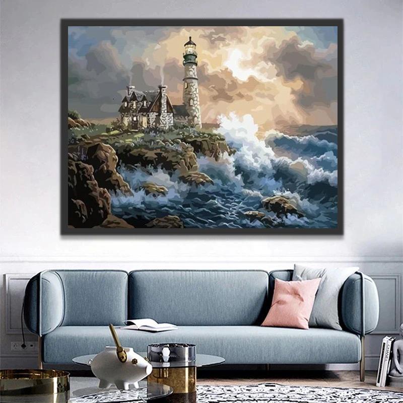 Torre de Faro y Casa en la Costa Pintar por Números