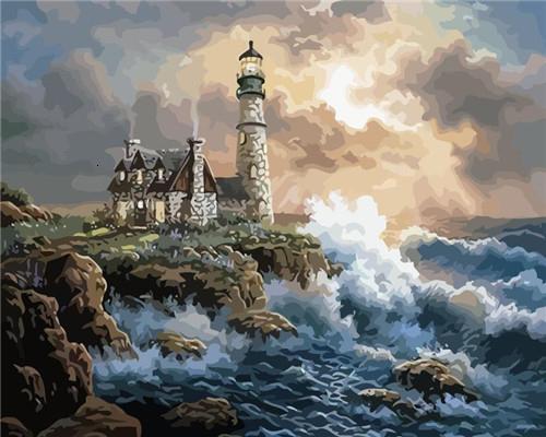 Torre de Faro y Casa en la Costa Pintar por Números