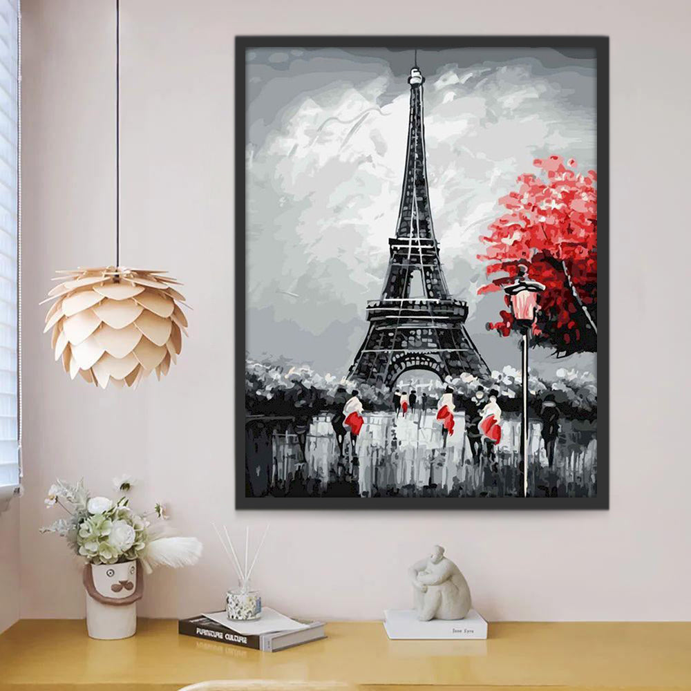 Torre Eiffel Gris y Árbol Rojo Pintar por Números