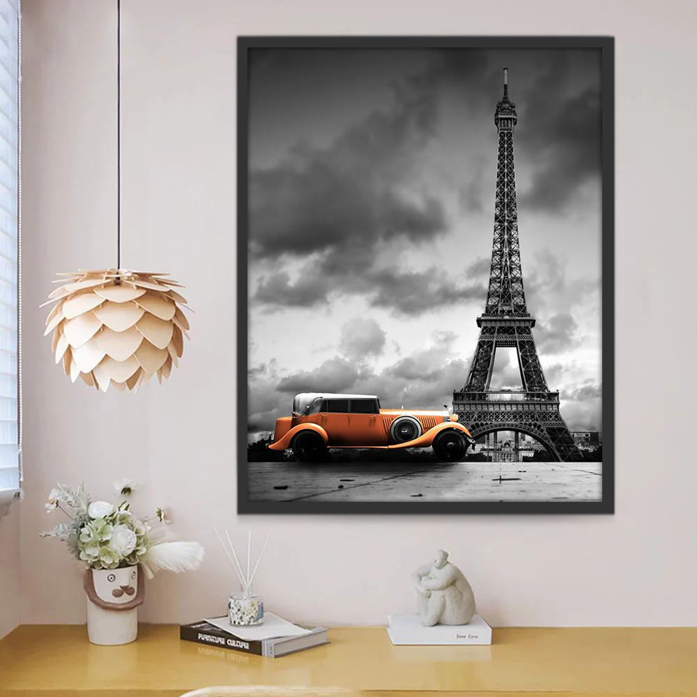 Torre Eiffel Gris y Coche Anaranjado Pintar por Números