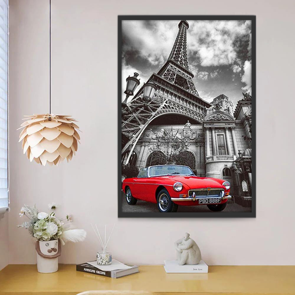 Torre Eiffel Gris y Coche Rojo Pintar por Números