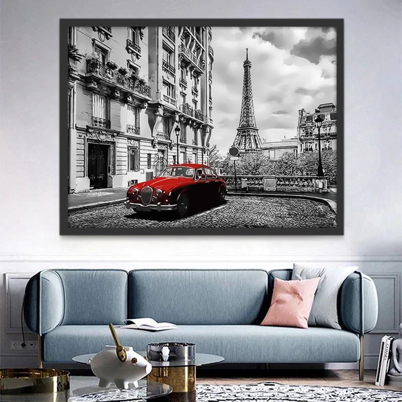 Torre Eiffel Gris y Coche Viejo Rojo Pintar por Números
