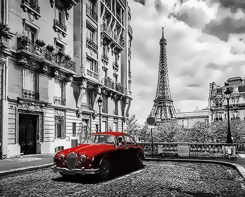 Torre Eiffel Gris y Coche Viejo Rojo Pintar por Números