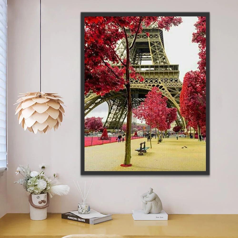 Torre Eiffel y Árboles de Hojas Rojas Pintar por Números