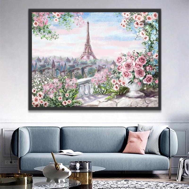 Torre Eiffel y Flores de Primavera Pintar por Números
