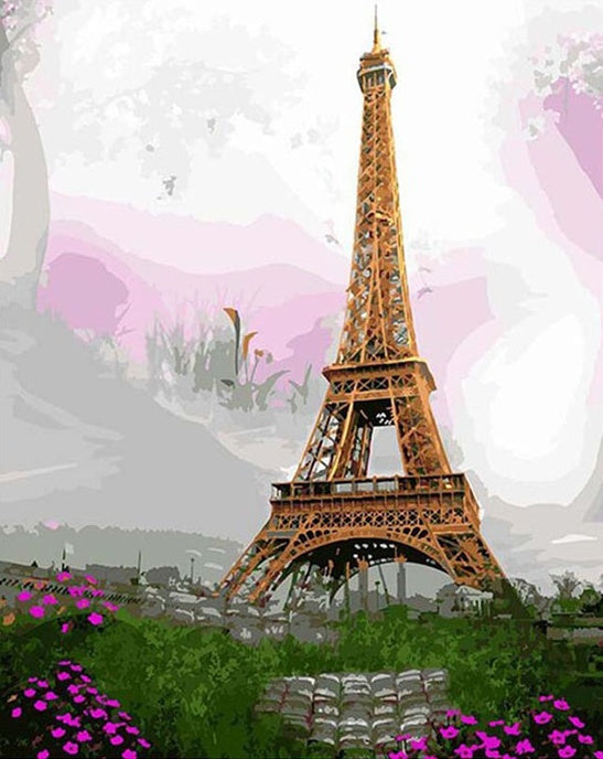 Torre Eiffel y Flores Moradas Pintar por Números