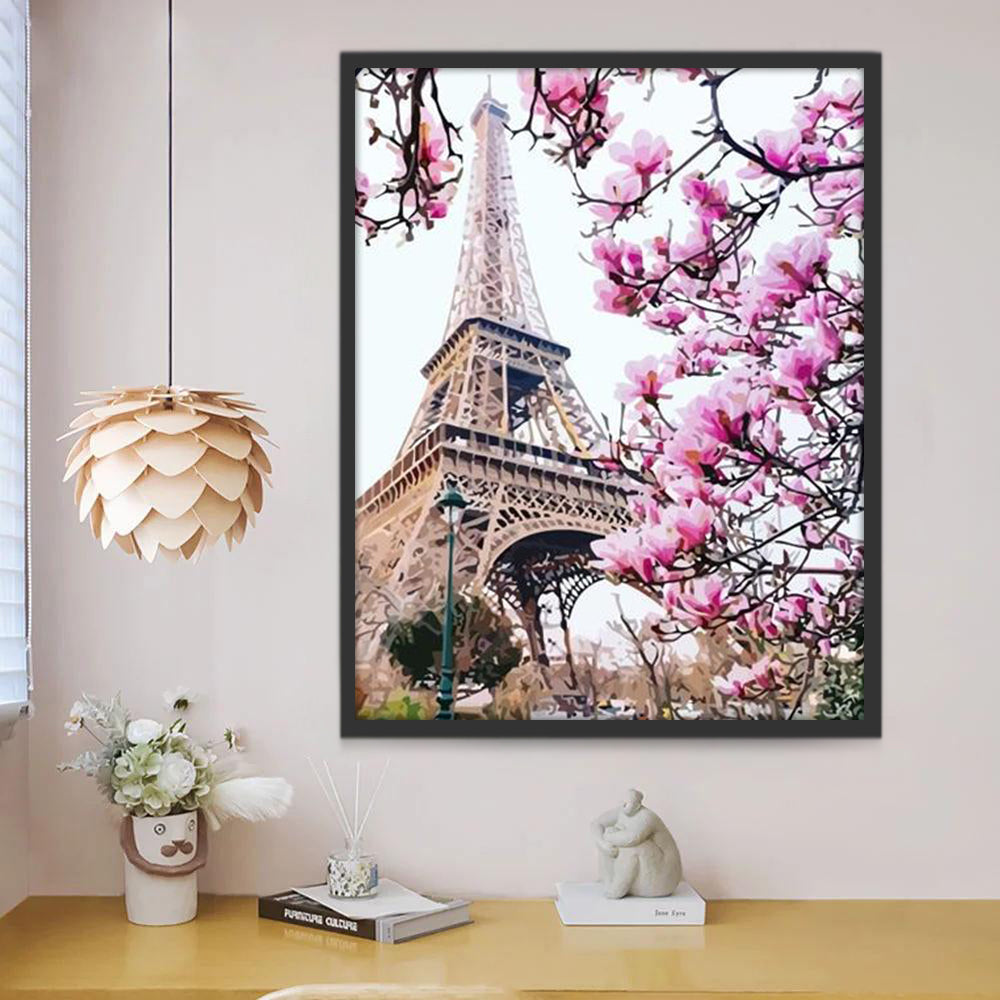 Torre Eiffel y Magnolia Rosada Pintar por Números